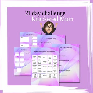 21 DAY CHALLENGE to improve mother self-care, Selfcare planner, challenge planner, habit planner, Knackered Mum, busy mom well being
