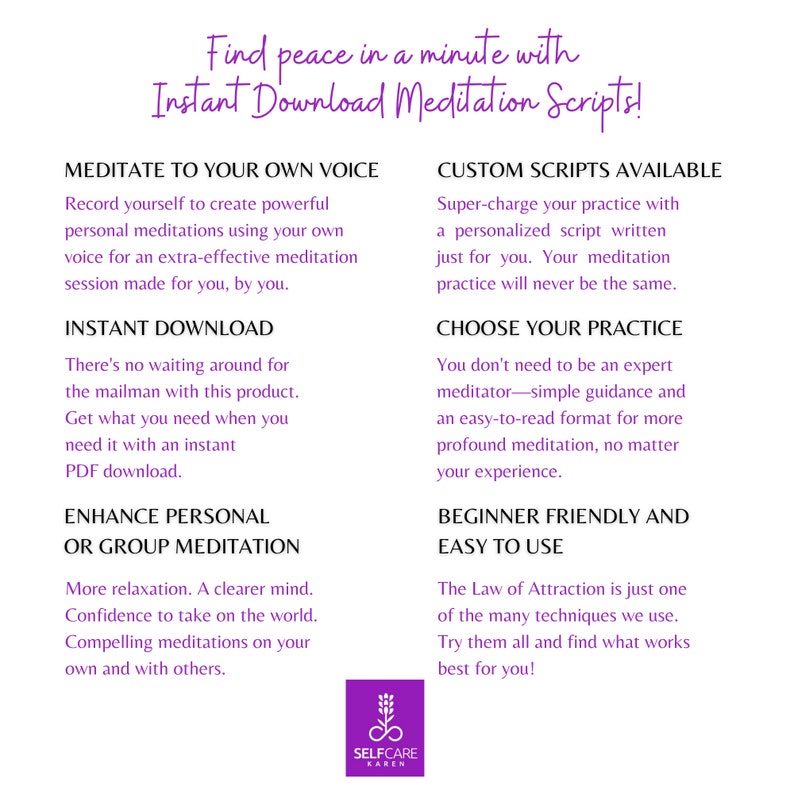 May include: Purple and white graphic with the text "Find peace in a minute with Instant Download Meditation Scripts!"  The graphic features a list of benefits of using meditation scripts, including creating your own meditation sessions, instant downloads, and beginner-friendly practices.