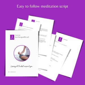 May include: A white meditation guide with a purple logo and the text "Easy to follow meditation script" and "Seren of deserving meditation script". The guide features a photo of a person meditating on a beach.