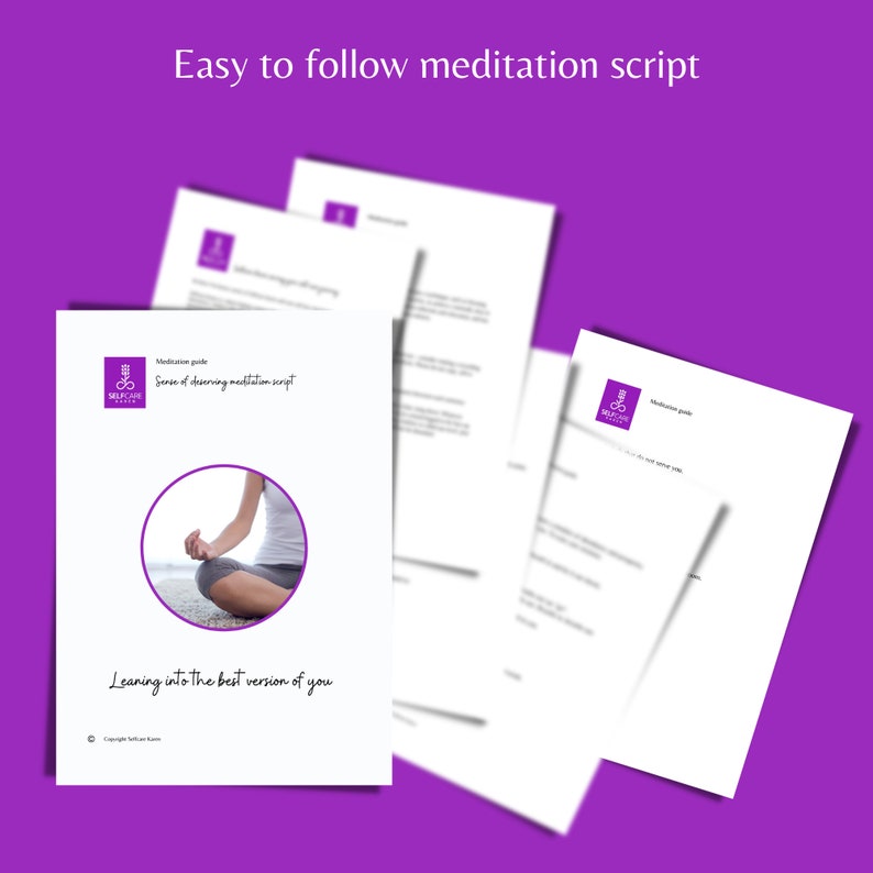 May include: A white meditation guide with a purple logo and the text "Easy to follow meditation script" and "Seren of deserving meditation script". The guide features a photo of a person meditating on a beach.