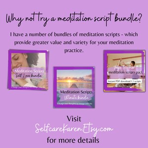 May include: Three digital product covers for meditation scripts bundles. The first cover features a woman with brown skin and curly hair, the second cover features a sunset over a wooden pier, and the third cover features a woman in a yoga pose. The text on the covers reads "Meditation Scripts Self Love Bundle", "Meditation Scripts Ultimate Bundle", and "Yoga Teacher Meditation Scripts Pack".