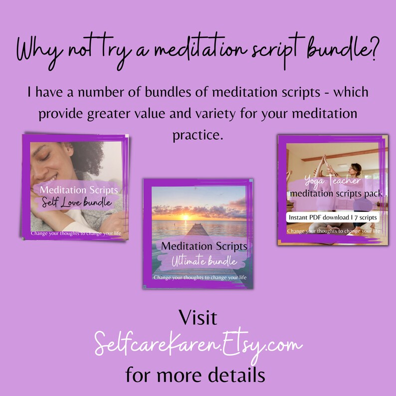 May include: Three digital product covers for meditation scripts bundles. The first cover features a woman with brown skin and curly hair, the second cover features a sunset over a wooden pier, and the third cover features a woman in a yoga pose. The text on the covers reads "Meditation Scripts Self Love Bundle", "Meditation Scripts Ultimate Bundle", and "Yoga Teacher Meditation Scripts Pack".