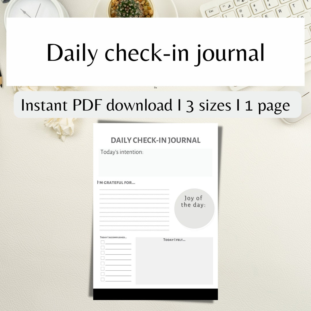 DAILY CHECK IN Journal Monochrome, Wellness Gratitude Journal Printable ...