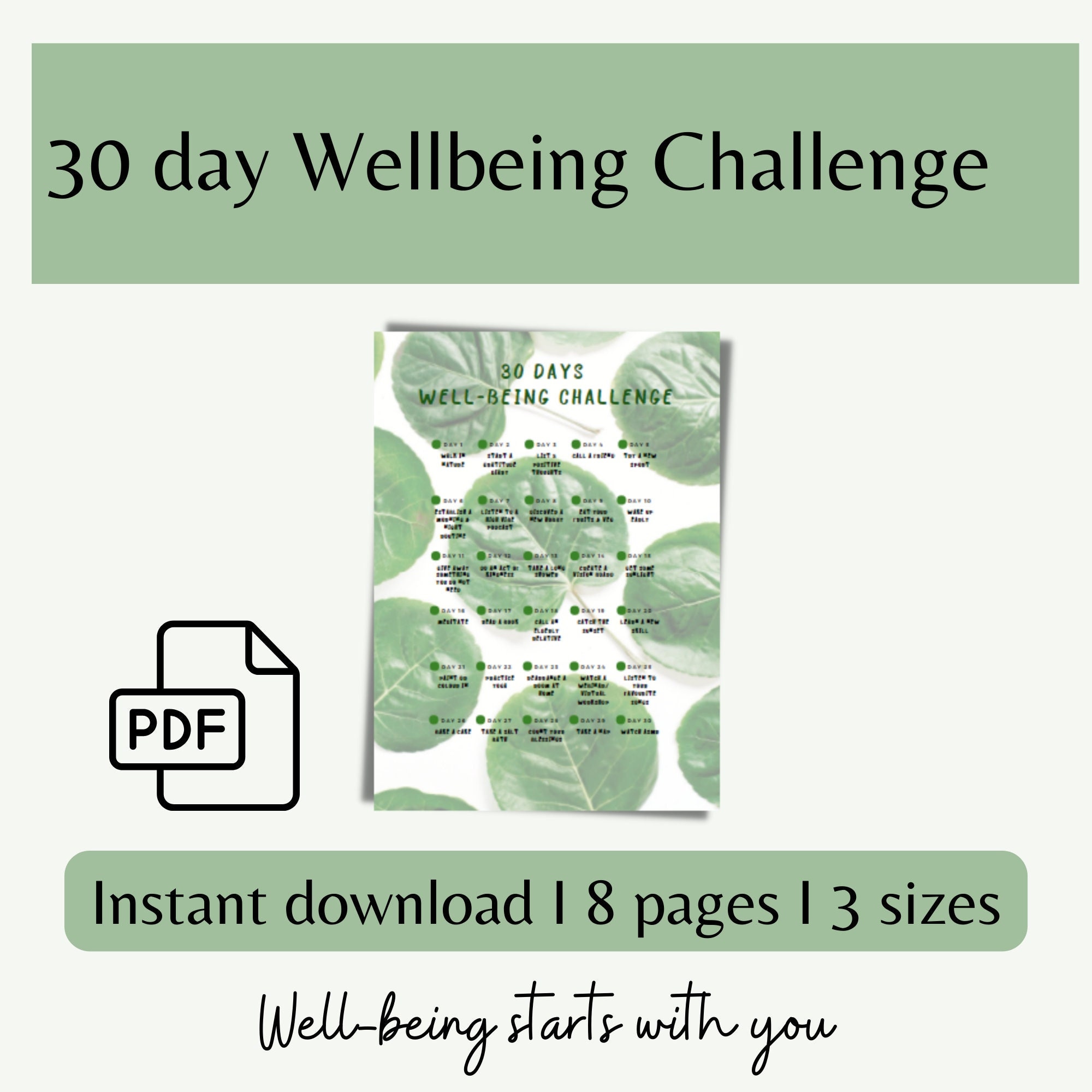 30 Day Wellbeing Challenge, 30 Day Self Care Challenge Planner ...