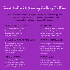 May include: Purple background with white text describing the benefits of EFT (Emotional Freedom Techniques) tapping. The benefits include reducing stress and anxiety, relieving pain, enhancing emotional well-being, improving performance, reducing cravings, and improving sleep.