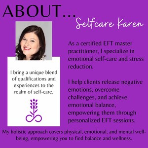 May include: A woman with brown hair and a warm smile is pictured in front of a purple background. The text "ABOUT... Selfcare Karen" is at the top of the image. The text below the woman's picture reads "I bring a unique blend of qualifications and experiences to the realm of self-care."  A stylized infinity symbol with a sprig of lavender is below the text. The text below the symbol reads "My holistic approach covers physical, emotional, and mental well-being, empowering you to find balance and wellness."