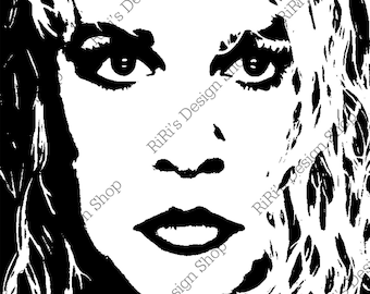 May include: Black and white graphic portrait of a person with long, wavy hair. The image features bold lines and stark contrast, highlighting the eyes, nose, and lips. The text "RiRi's Design Shop" is repeated around the image.