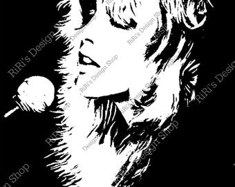May include: A black and white graphic illustration of a person singing into a microphone. The image features a side profile with stylized hair and a textured, feathery collar. The text "RiRi's Design Shop" is visible.