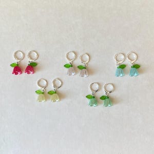 lily of the valley with bright leaf silver/gold huggie hoop earrings