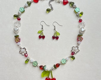 glass cherry field fairygrunge cottagecore handmade necklace and earring set
