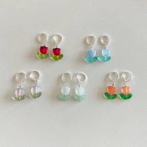 glass floral tulip handmade silver huggie hoop earrings
