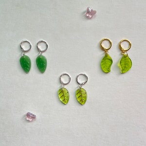 glass green leaf handmade huggie hoop earrings