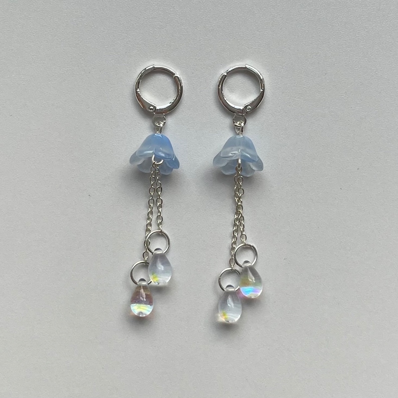 aquatic glass jellyfish dangling silver huggie hoop earrings Blue