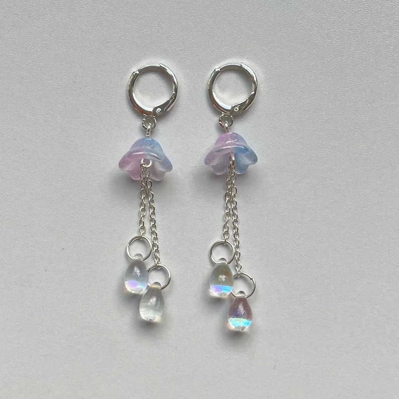 aquatic glass jellyfish dangling silver huggie hoop earrings Cotton Candy