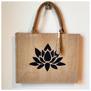 Hand Painted, Personalized Jute Tote Bag in Natural or Natural with Black