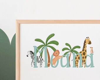 Nursery personalised safari name print | lion giraffe meerkat zebra animal jungle tropical kids bedroom new baby shower gift custom birthday