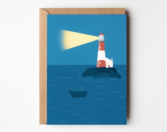 Lighthouse seaside illustrated card | night sky valentine's birthday coastal Devon Cornwall Plymouth beach lover nautical boat illustration