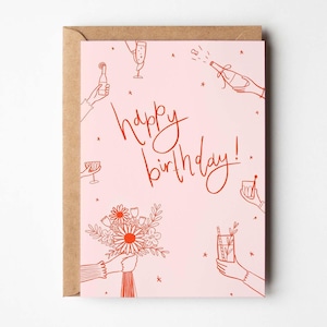 Tarjeta A6 con texto "Bebidas lindas, saludos, cumpleaños" / Brindemos por un cóctel, cerveza, burbujeante, ginebra, tónica, vaso, cóctel sin alcohol, fiesta, diversión, ilustrado