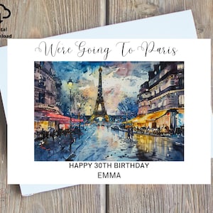 Tarjeta de vacaciones personalizada "Vamos a París", tarjeta sorpresa de aniversario de cumpleaños, tarjeta sorpresa de vacaciones de cumpleaños con impresión digital
