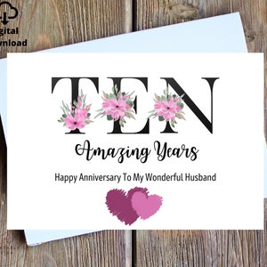 Tarjeta de décimo aniversario de hojalata, tarjeta de décimo aniversario para esposo, tarjeta de décimo aniversario de bodas para él, tarjeta de décimo aniversario instantánea