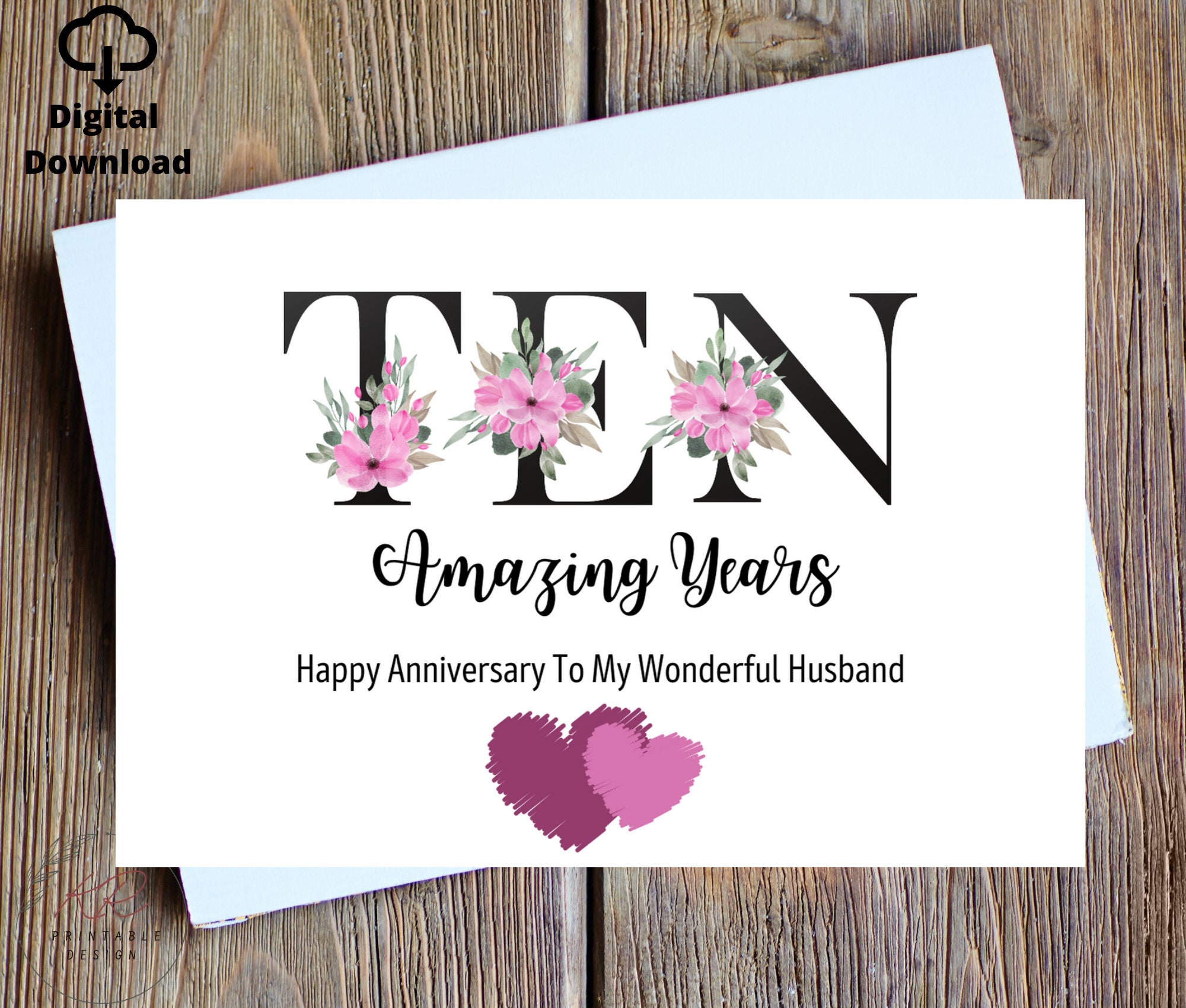 Tin Ten Anniversary Card,  10th Anniversary Card for Husband, Ten Year Wedding Anniversary Card for Him, Instant 10th Year Anniversary Card