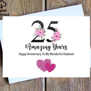 Biglietto d'auguri per il 25° anniversario di matrimonio, biglietto d'auguri per il 25° anniversario per il marito, biglietto d'auguri per le nozze d'argento per lui, biglietto d'auguri per le nozze d'argento stampabile