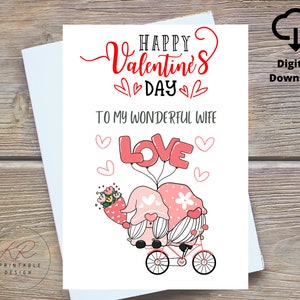 Gnome Happy Valentine's Day To My Wonderful Wife Afdrukbaar, Gnome Love Card voor haar, Gnome Valentijnsdagkaart voor vrouw digitale kaart