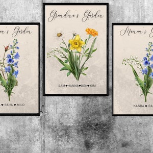 Art mural personnalisé bouquet de fleurs de naissance, jardin de grand-mère, grand-mère, jardin de maman, bouquet de fleurs de naissance personnalisé pour la fête des mères, impression numérique