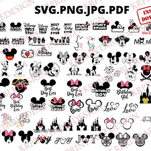 Può includere: Una collezione di 40 file di taglio SVG in bianco e nero a tema Mickey Mouse. I design includono orecchie di Topolino, teste di Topolino, silhouette di Topolino e testo a tema Topolino. Il testo include frasi come "Best Day Ever", "Birthday Boy", "Birthday Girl", "Love", "Family Vacation", "Disney Trip" e "Mickey Mouse".