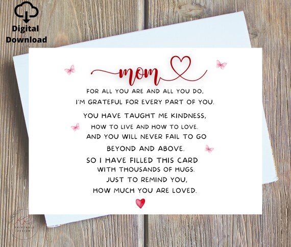Poem Mothers Day Card Printable, Mother Day Card For Mom Digital, Mother's Day Poem Card Printable, Digital Print Poem Mother's Day Card