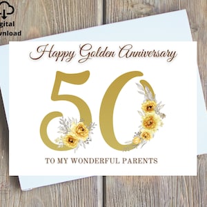 Afdrukbare kaart gouden huwelijksverjaardag, gelukkige gouden jubileumkaart voor ouders digitale print, 50e huwelijksverjaardag direct afdrukken