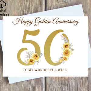Afdrukbare kaart gouden huwelijksverjaardag, gelukkige gouden jubileumkaart voor vrouw digitale print, 50e huwelijksverjaardag vrouw direct afdrukken