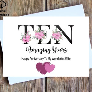 Tarjeta de décimo aniversario en hojalata, tarjeta de décimo aniversario para esposa, tarjeta de décimo aniversario de bodas para ella, tarjeta de décimo aniversario instantánea
