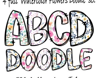 Spring Doodle Letters PNG, Flowers Doodle letters, Watercolor flower alpha, floral numbers png, Alpha Set Designs PNG
