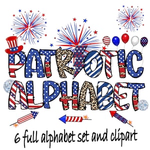 BUNDLE 6set Patriotic Alphabet PNG, 4th of July,Independence Day, Alpha Doodle, usa Letters, American Doodle, Sublimation, Retro png