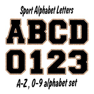 Letras y números del alfabeto de baloncesto con purpurina sintética y lentejuelas, conjunto de imágenes prediseñadas, alfabeto deportivo con purpurina png, archivo de impresión png para sublimación