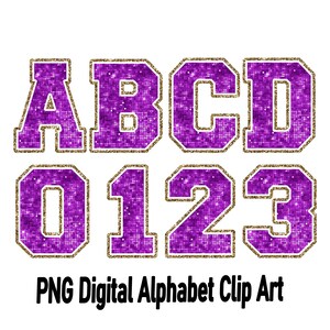 Letras y números del alfabeto en morado y dorado con purpurina sintética con lentejuelas, imágenes prediseñadas, alfabeto deportivo con purpurina png, archivo de impresión png para sublimación