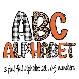 Fall Season Doodle Alphabet Bundle, Autumn PNG Letters, Numbers, A-Z Upper Case Font Letters Complete Set ,leopard png, Instant Download