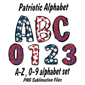 BUNDLE 3set Patriotic Daisy Alphabet PNG, 4th of July,Independence Day, Alpha Doodle, usa Letters, American Doodle, Sublimation, Retro png