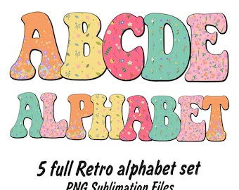 Retro Boho Blumenalphabet-Bündel, Retro Sommer PNG Buchstaben, Sublimationsdesign, Groovy Alphabet PNG, Lehrer Farbpalette, digitaler Download