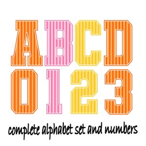 May include: A digital graphic featuring the letters A, B, C, D and the numbers 0, 1, 2, 3 in a varsity-style font. Each character has a vertical striped pattern in orange, pink, and yellow. The text "complete alphabet set and numbers" appears below.