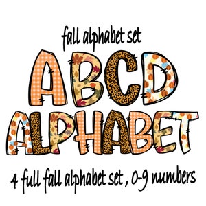 Pacote de alfabeto Doodle de outono, letras PNG de outono, números, conjunto completo de letras maiúsculas A-Z, alfabeto leopardo de outono, crianças de outono