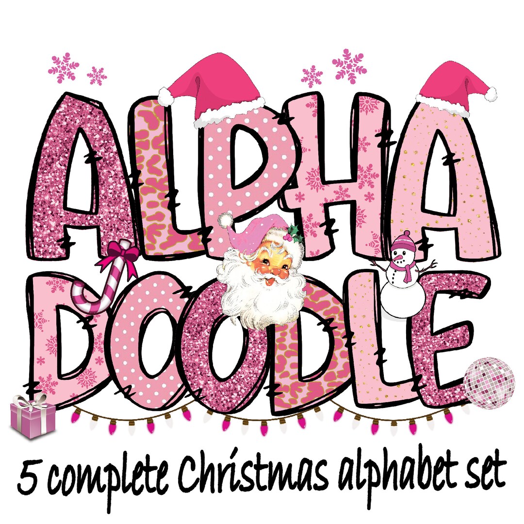 Pink Merry Christmas Alphabet Png Files Bundle, Boho Christmas Doodle ...