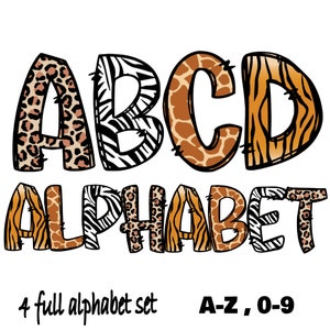 Letras de doodle do alfabeto de pele de animais de safari, pacote, estampa de leopardo, padrão animal, zoológico PNG, letras de sublimação, download instantâneo