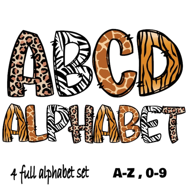 Safari Animals Skin Alphabet Doodle Letters, Bundle, Leopard Print, Animal Pattern, Zoo PNG , Sublimation Letters , Instant Download