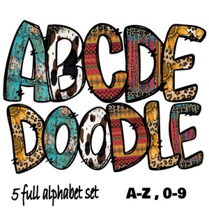 西洋アルファベットの落書き文字、クリップアート、ヒョウ柄ひまわりプリント、動物柄、牛革、昇華文字、即時ダウンロード