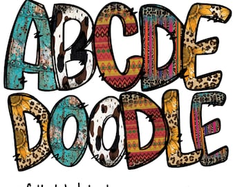Western Alphabet Doodle Letters,  Clipart, Leopard Sunflowers Print, Animal Pattern,  Cowhide, Sublimation Letters , Instant Download