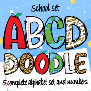5 Bundle School Doodle Alphabet, School Letters, Alpha Doodle, PNG Letters, Doodle Letters PNG, Back to School png, Instant Download