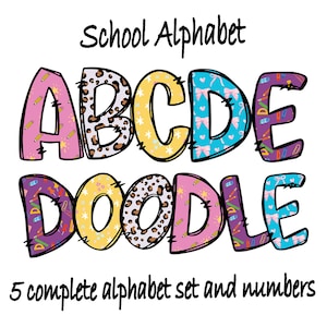 5 Bundle School Doodle Alphabet, School Letters,Alpha Doodle, Bright Doodle Alphabet Letters, teacher png,Back to School,Sublimation Designs
