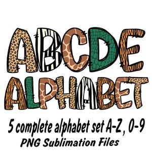 Letras de doodle do alfabeto de pele de animais, pacote Safari, leopardo, zebra, tigre, girafa, cobra, letra do alfabeto PNG, download instantâneo